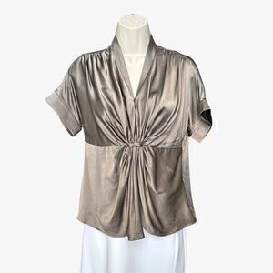 Anne Klein Silk Satin Front Gather Pullover Short Sleeve Blouse Size 8P, Taupe